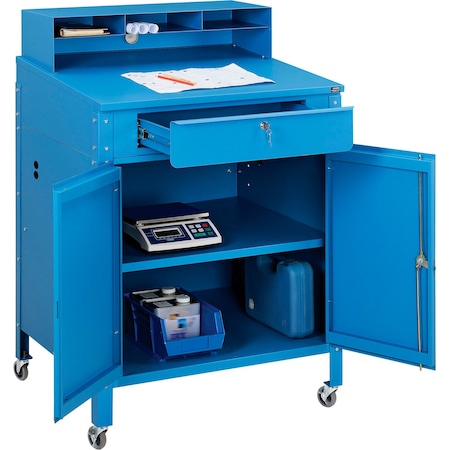 Global Industrial Mobile Cabinet Shop Desk w/ Pigeonhole Riser, 34-1/2inW x 30inD, Blue 300912CBL